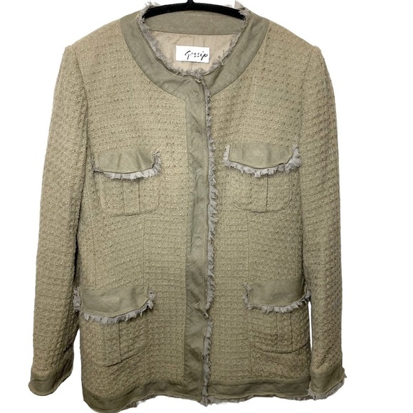 Gossip Blazer Jacket Waffle Knit Sz 48 M-L Green Tan Buttons Up Frayed Italy - Picture 4 of 16